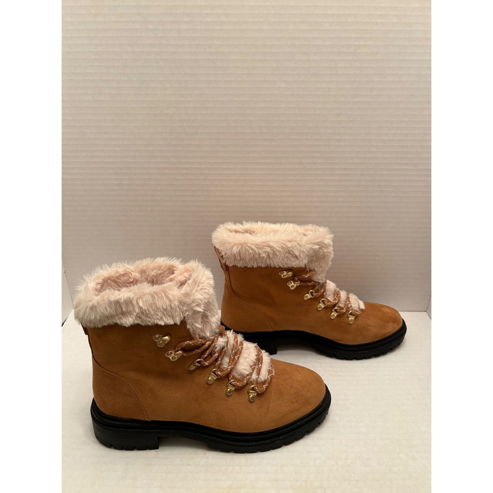J.Crew Nordic Faux Fur Trim Hiker Boots Tan Suede Gold Hardware Size 9